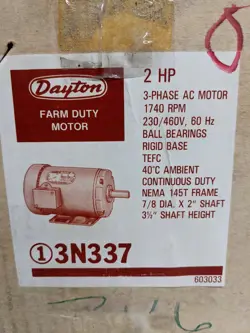 NEW DAYTON FARM DUTY MOTOR 3N337, 3 PHASE AC MOTOR, 1740 RPM, 230/460V, 60HZ,2HP
