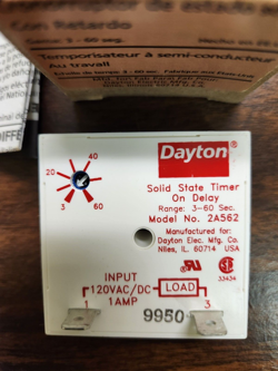 DAYTON 2A562, ON DELAY SOLID STATE TIMER, 3 TO 60 SECONDS, (NEW)