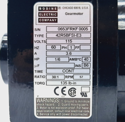 BODINE ELECTRIC 42R5BFSI-E3 0653 GEARMOTOR 115V 1/6HP 30:1R 57RPM 135 LB-IN
