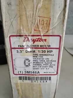DAYTON 3M546A SHADED POLE ELECTRIC MOTOR 1/30HP 115V 1550RPM 1PH 5/16