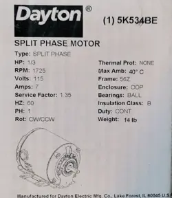DAYTON SPLIT PHASE MOTOR