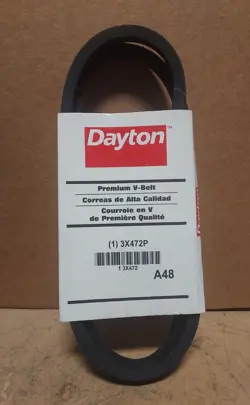 DAYTON #3X472P, A-48 V-BELT (50” OUTSIDE LONG, 1/2” TOP WIDE, .313” THICK) K139