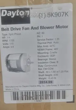 DAYTON	5K907 5K907K BELT DRIVE MOTOR 1/4 HP 1725RPM 48 FRAME 115VAC
