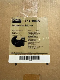 DAYTON 1/2HP 3PH 3450RPM 48 FRAME INDUSTRIAL ELECTRIC MOTOR 3N855