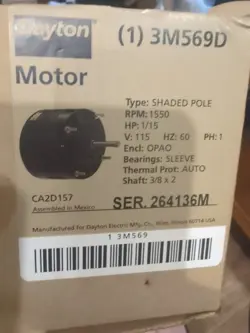 DAYTON,3M569D,SHADED POLE MOTOR 1/15 HP 1550 RPM 115V 60HZ 1-PHASE NOS