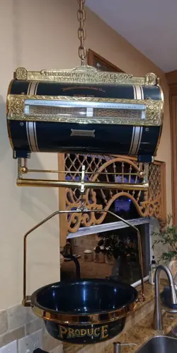TOTALLY RESTORED COMPUTING SCALE FROM DAYTON, OHIO WITH HANGING PORCELAIN PAN