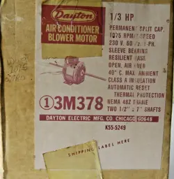 DAYTON 3M378 AIR CONDITIONER BLOWER MOTOR 1/3 HP 1075 RPM 3SPD 230V