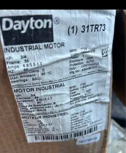 DAYTON INDUSTRIAL MOTOR, 31TR73, 3/4 HP, 1715 RPM, 230 VOLTS 6.6 AMPS PH 1 HZ 60