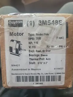 DAYTON HVAC MOTOR: OPEN AIR-OVER, 1/15 HP, 3,000 NAMEPLATE RPM, 1 SPEED, 115V AC