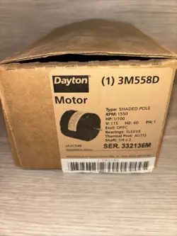DAYTON MOTOR 3M558D 1/100 HP 1550 RPM 115V SINGLE PHASE SHADED POLE - NEW