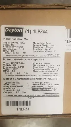 DAYTON 1LPZ4A AC/DC GEARMOTOR 90 RPM 115V 1/15HP 1/2