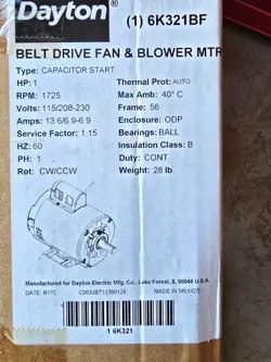 DAYTON 6K321 MOTOR, 1 HP, 1725 RPM, 56,115/208-230V (NEW)