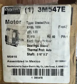NEW DAYTON SHADED POLE MOTOR  3M547E  115V  1/20HP 1.8A SPLIT CAP. MOTOR B04