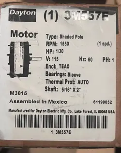 NEW DAYTON 3M557E 1/30 HP SHADED POLE MOTOR 115VAC SINGLE PHASE 1550 RPM TEAO
