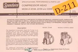 DAYTON 2Z498, 2Z499 AND 2Z630, COMPRESSOR HEAD, SPECIFIATIONS  AND PARTS MANUAL
