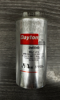 DAYTON 2MEE4 MOTOR RUN CAPACITOR  50?F, 370?VAC, ROUND, MOTOR EQUIPMENT