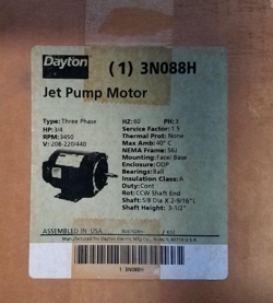 DAYTON JET PUMP MOTOR 3N088H 3/4HP 3450RPM 208-220/440 VOLTS