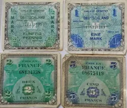 WW 2 GERMAN & FRANCE 1 MARK 2 FRANCS BANKNOTES 1944-VF NICE BLUE COLOR FREE SHIP