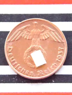 GERMAN COIN 1937 E 1 REICHSPFENNIG SWASTIKA COPPER 3RD REICH WW2 +RARE+ PFENNIG