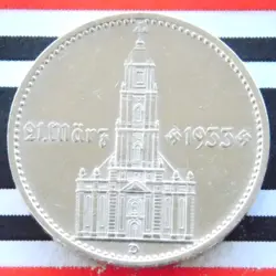 GERMAN COIN 2 REICHSMARK 1934 D POTSDAM CHURCH SWASTIKA DATE SILVER 3RD WW2 MARK