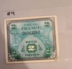 WW2 FRENCH 2 FRANC 1944 (ALLIED OCCUPATION CURRENCY) FRANCE BANKNOTE WWII NOTE#4