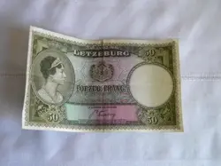 VTG WW2 BANKNOTE~LUXEMBOURG~50 FRANCS~GRAND DUCHESS CHARLOTTE~1944~EUROPEAN