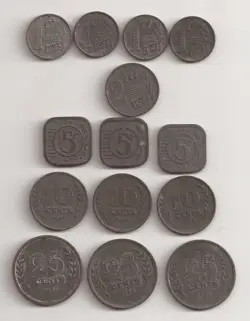 NETHERLANDS 14 COINS (WW2) 1941-1944 ALL DIFFERENT & LISTED #28