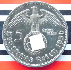 GERMAN COIN 5 REICHSMARK 1936 E SWASTIKA HINDENBURG SILVER 3RD REICH WW2 MARK BU