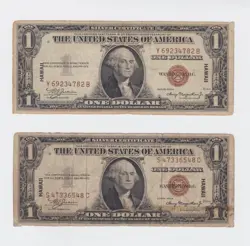 TWO (2) ONE (1) DOLLAR SILVER CERTIFICATES SERIES 1935 A HAWAII WW2 