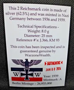 WARZONEWEALTH COA UPGRADE FOR THIRD REICH COIN: NAZI GERMANY AUTHENTICATION WW2