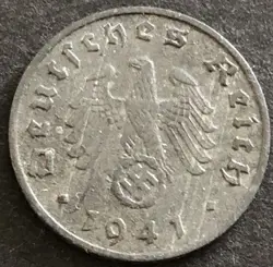 GERMANY-1941-THIRD REICH - 1 REICHSPFENNIG  COIN-WORLD WAR 2 - MINT J - HAMBURG