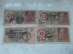 4 X GERMAN 5 REICHSMARK  BANKNOTES, THIRD REICH WWII HAND STAMPED