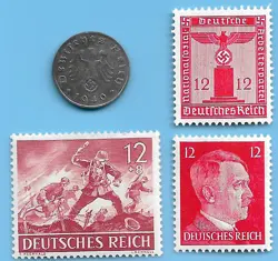GERMANY WW2 1940 G 1 RPF SWASTIKA COIN & HITLER SWASTIKA STAMP LOT WW2 ERA #17