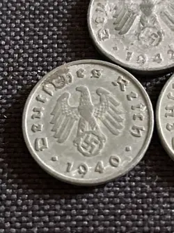 10 PFENNIG, 3 COINS 1940A, 1942A  1943A NICE SWASTIKA  GROUP SUPERB WW2 COINS A1