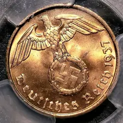 **PCGS MS65RD** 1937-A 2 REICHSPFENNIG WW2-ERA THIRD REICH NAZI GERMANY COIN
