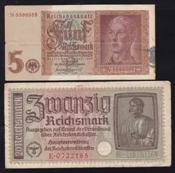 GERMANY --- WW2 --- 5  AND  20  REICHSMARK  1939-1944 ----F ------