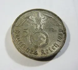 GERMANY 3RD REICH WW2 SILVER  1938 F 5 REICHSMARK  WITH SWASTIKA