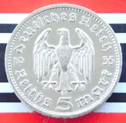 GERMAN 5 REICHSMARK 1935 E EAGLE HINDENBURG SILVER COIN 3RD REICH WW2 + UNC MARK