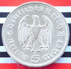 GERMAN 5 REICHSMARK 1935 G EAGLE HINDENBURG SILVER COIN 3RD REICH WW2 + UNC MARK