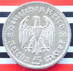 GERMAN 5 REICHSMARK 1936 E EAGLE HINDENBURG SILVER COIN 3RD REICH WW2 + UNC MARK