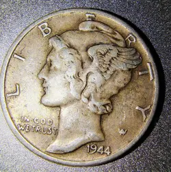 ERROR COIN 1944 MERCURY DIME W 90% SILVER. WW2 TIME PERIOD. IN COD WE TRUST 