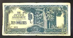 WW2 JIM - JAPANESE INVASION MONEY - MALAYA 10 DOLLARS 1942 BANANA MONEY NOTE