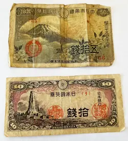 JAPANESE CURRENCY NOTE BANKNOTE WW2 - 50 SEN & 10 SEN NOTES
