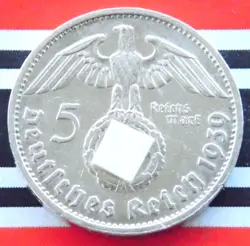 GERMAN 5 REICHSMARK 1939 G HINDENBURG SILVER COIN THIRD REICH GENUINE WW2 MARK