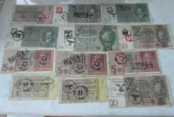 12 X GERMAN  BANKNOTES, THIRD REICH WWII HAND STAMPED