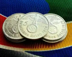 GERMANY 1938 A WW2  5 MARK GERMAN SILVER COIN (1) THIRD REICH  REICHSMARK AU