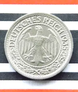 GERMAN COIN 50 REICHSPFENNIG 1935 J NICKEL EAGLE WEIMAR REPUBLIC WW2 PFENNIG RAR
