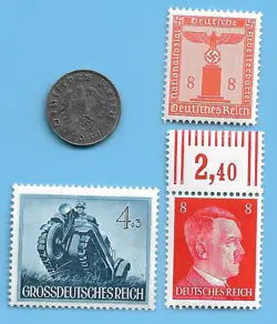 GERMANY 1941 D 1 RPF SWASTIKA COIN & HITLER SWASTIKA STAMP LOT  WW2 ERA #20
