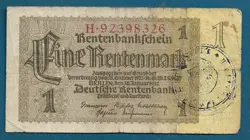 1 MARK 1937. GERMANY BANKNOTES, RENTENMARK WW2, WAR STAMP !