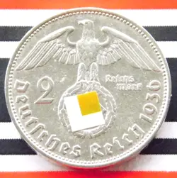 GERMAN 1936 D 2 REICHSMARK SWASTIKA HINDENBURG SILVER COIN 3RD WW2 + RARE + MARK